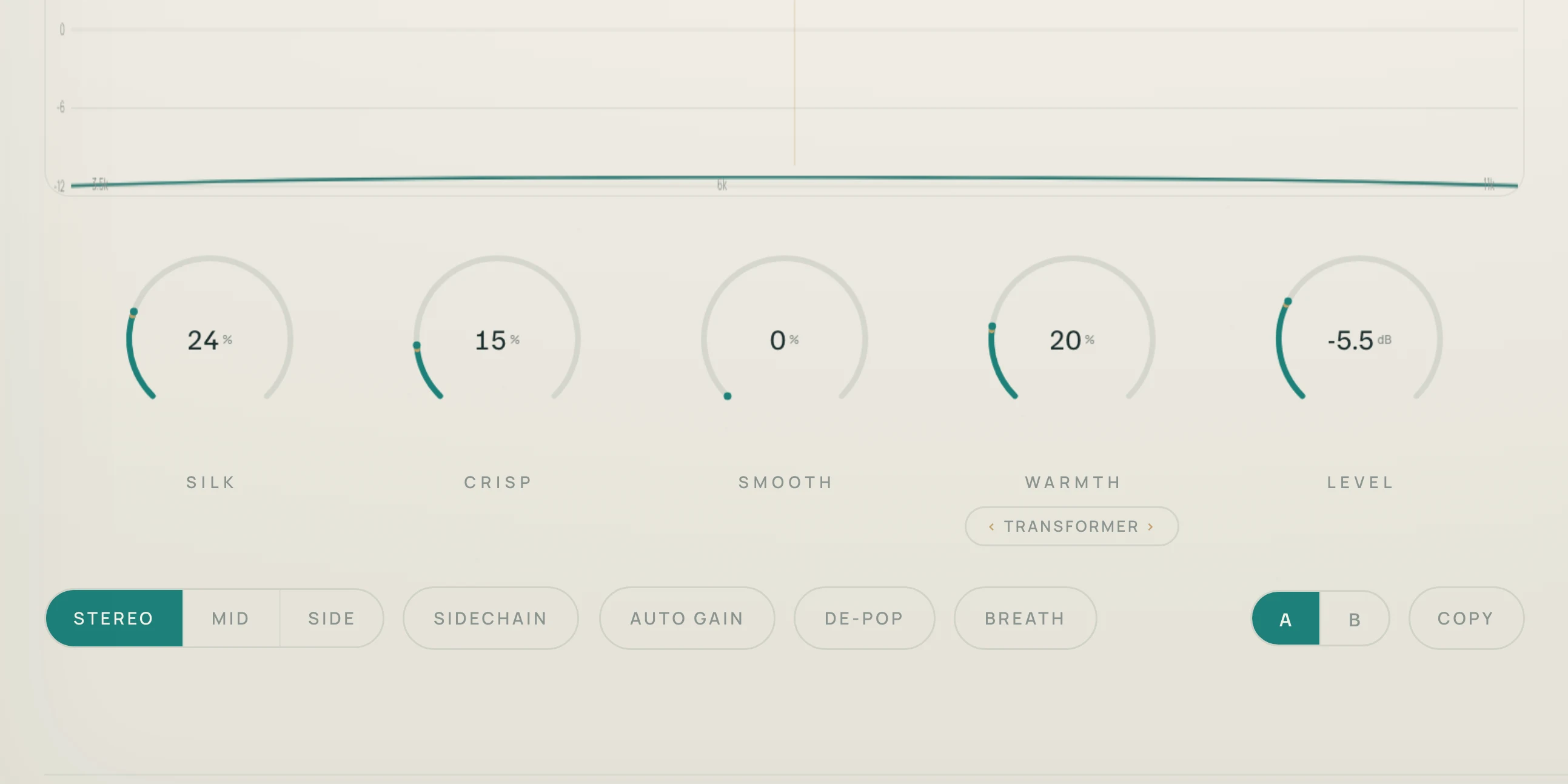 The five macro knobs: Silk, Crisp, Smooth, Warmth and Level, with the Warmth flavour set to Transformer.